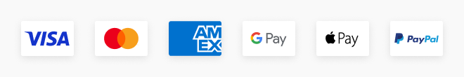 Payment trust badges including Visa, Mastercard, PayPal, and Apple Pay