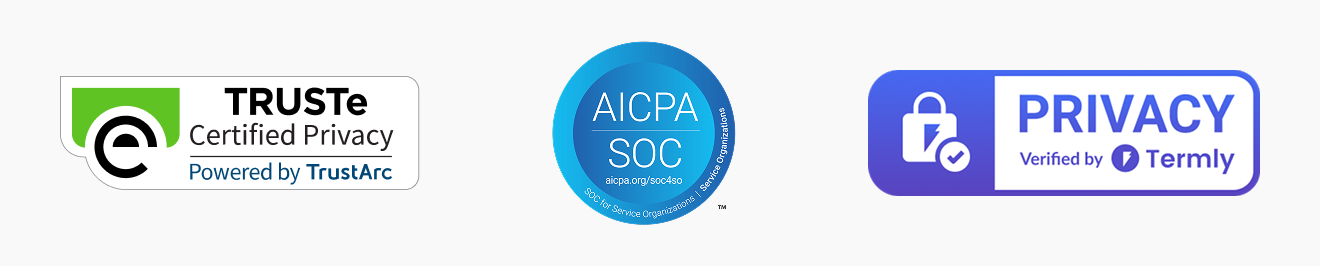 Privacy and compliance trust badges including TRUSTe Certified Privacy, SOC 2, and ISO 27001