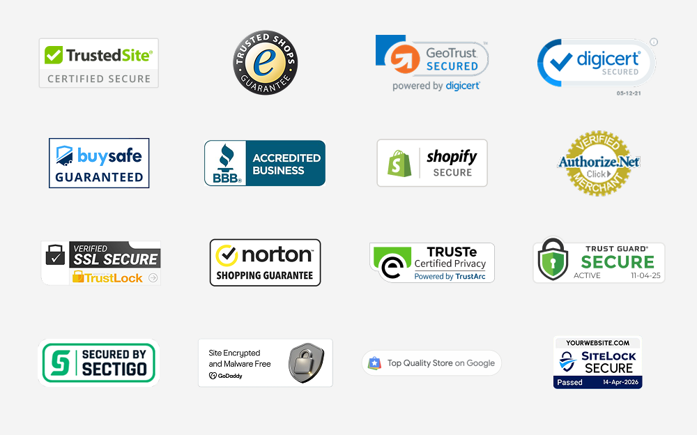 Trust badge examples from TrustedSite, DigiCert, BBB, Norton, and Google